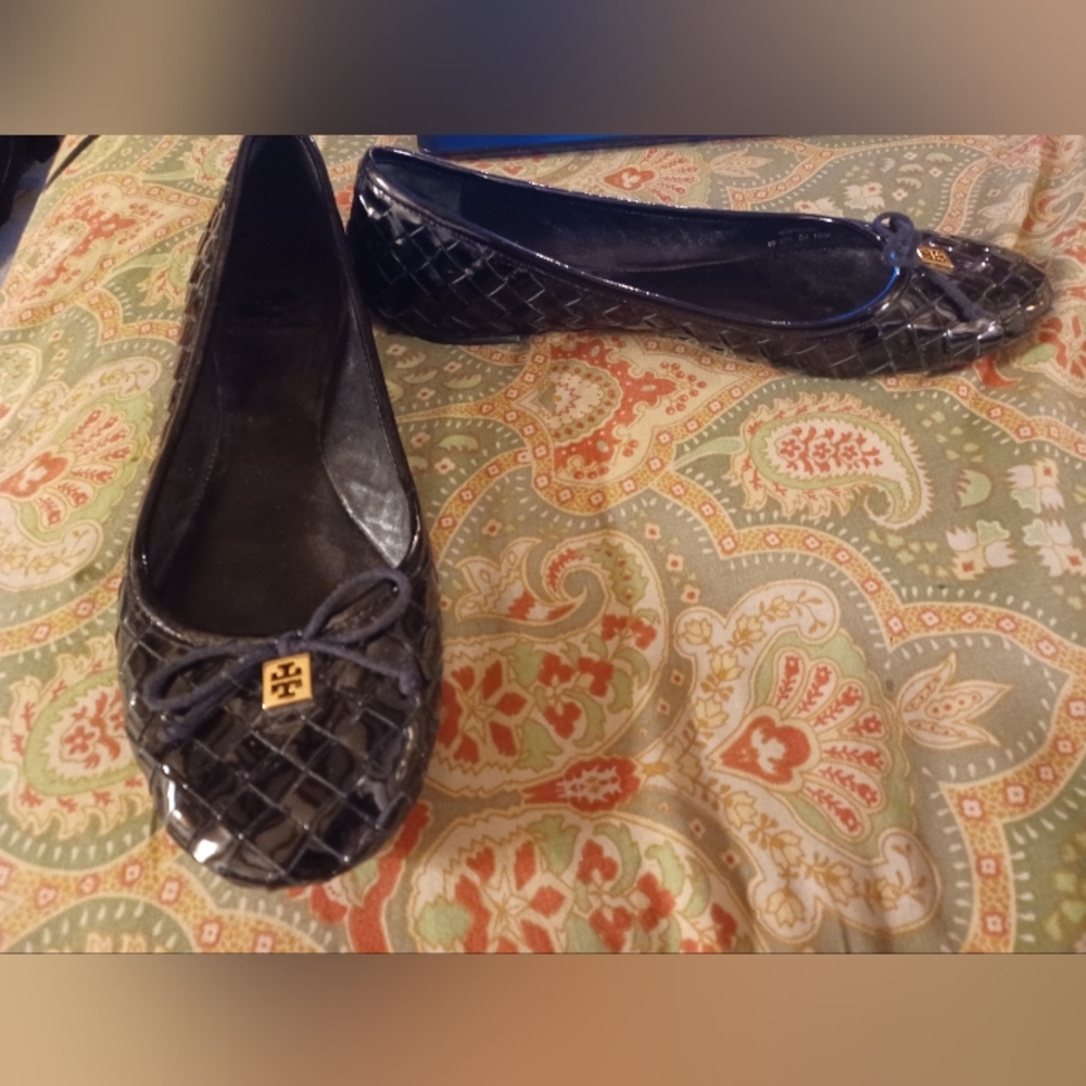 Tory Burch 10 Black Patent Leather Ballet Flats Shoes